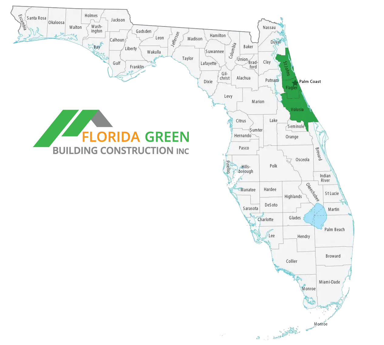 County Map of Florida Highlighting St Johns, Flagler and Volusia Counties with a star in Flagler County representing Palm Coast