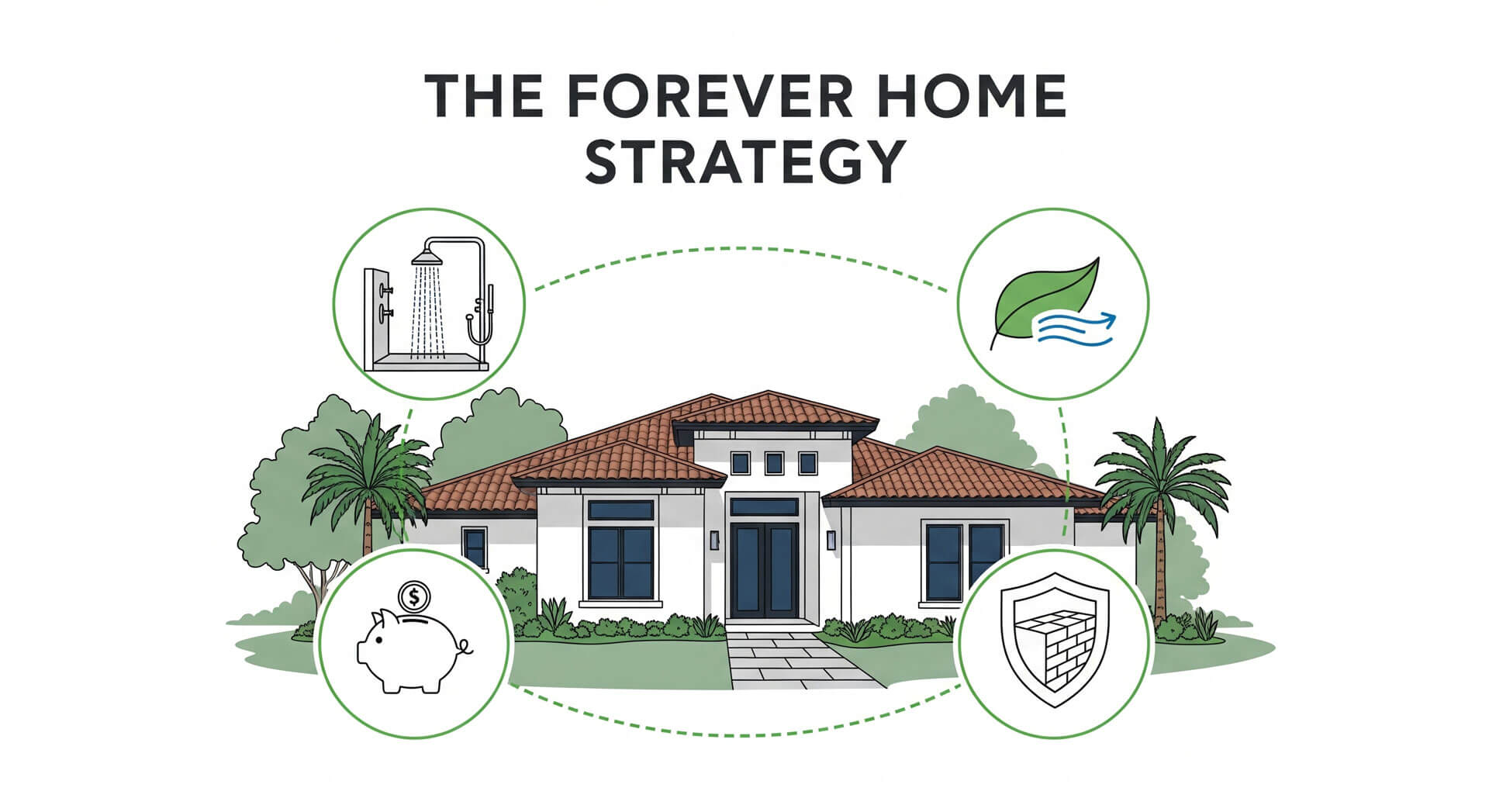The Forever Home Strategy Post Image. ICF built home in the center with accessible shower, healthy air, piggy bank for saving and wall strength icons.
