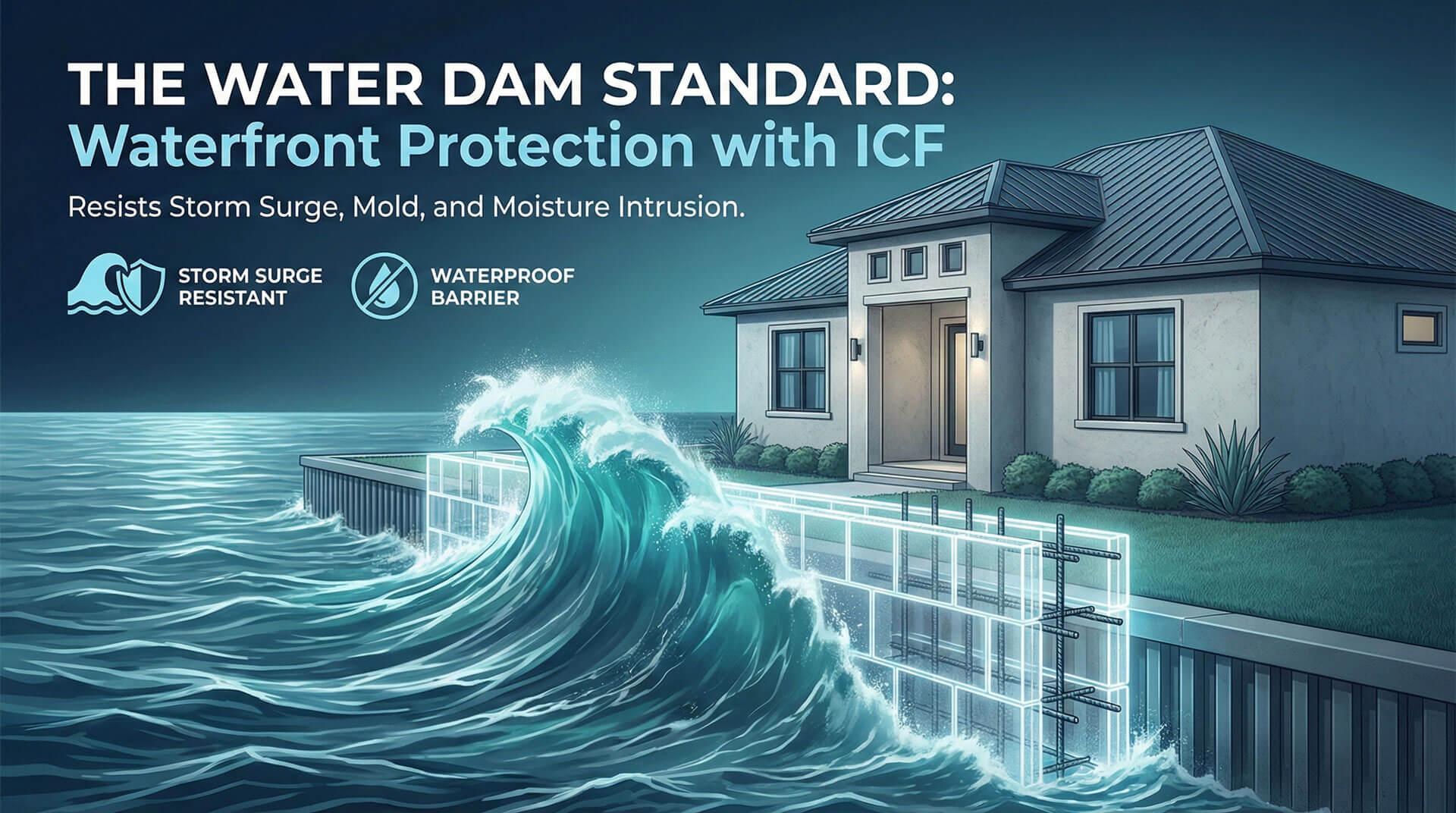 The "Water Dam" Standard: Why One Flagler Beach Executive Chose ICF for His Waterfront Home. Home next to the ocean with waves crashing on an ICF wall representing strength and resistance