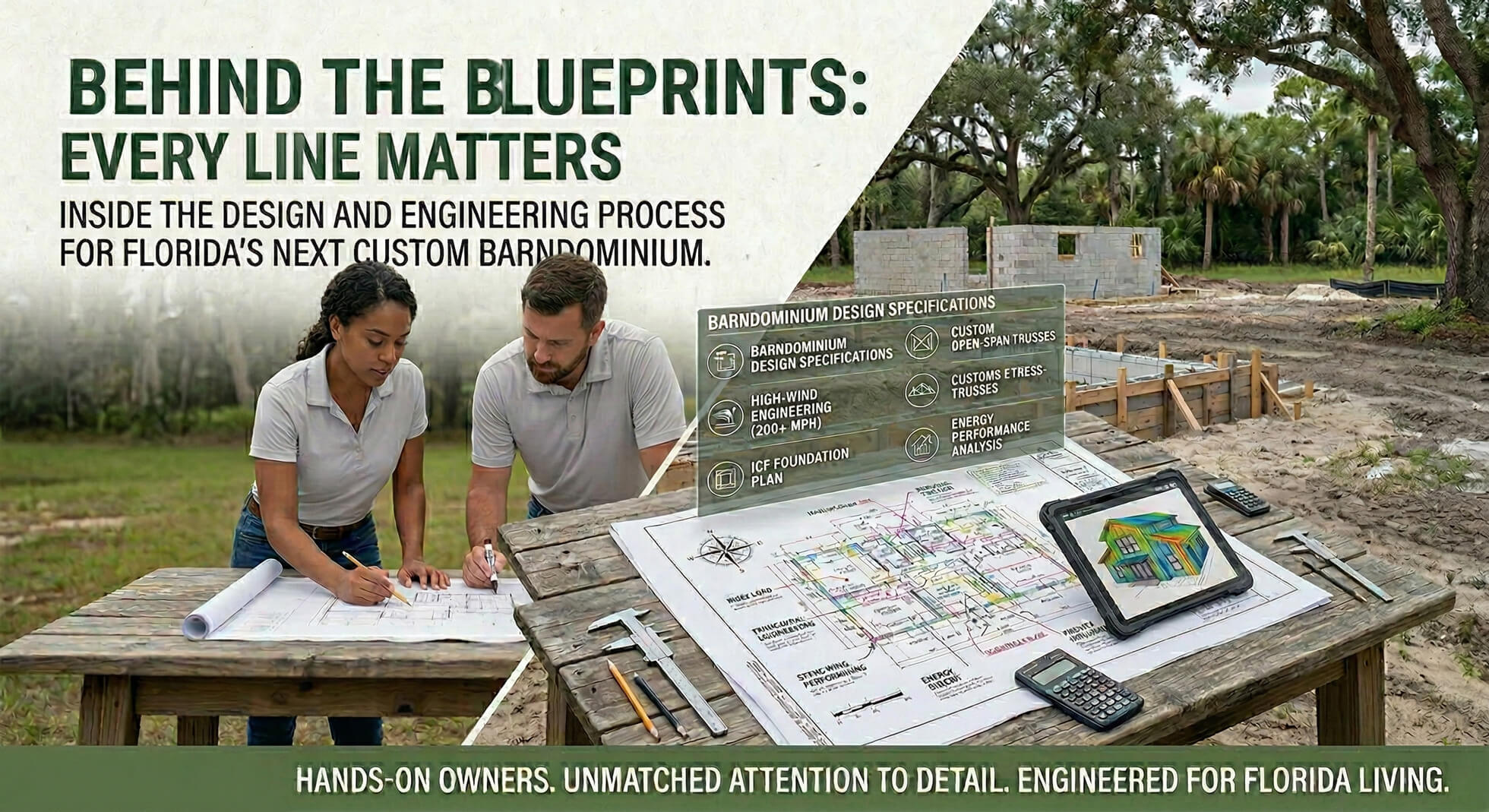 Behind the Blueprints headline with two contractors looking at Blueprints