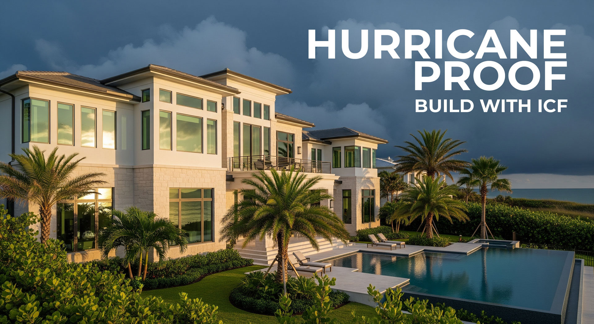 Hurricane Proof Home built with ICF walls with a pool, landscaping, and near the ocean